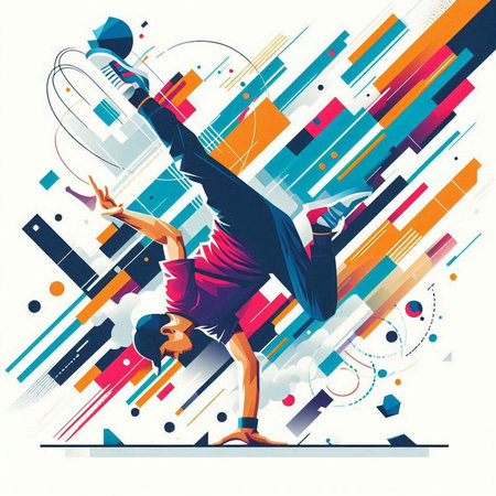 Modern style illustration of hip hop dancer on abstract colorful background with geometric elementsのイラスト素材