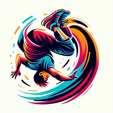 Illustration of a breakdancer jumping in the air with colorful backgroundのイラスト素材