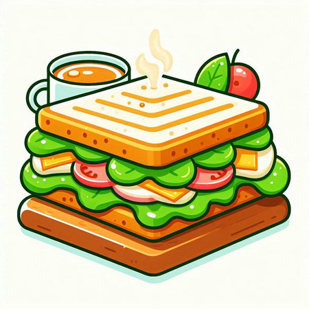 Sandwich with ham, cheese, tomato and lettuce. Vector illustration.のイラスト素材