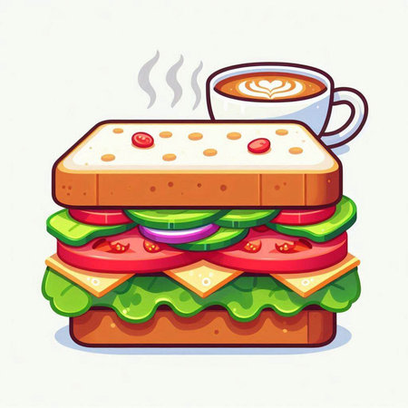Illustration of a sandwich with a cup of coffee on a white backgroundのイラスト素材