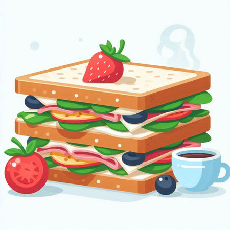 Sandwiches with ham, cheese, tomato and lettuce. Vector illustration.のイラスト素材