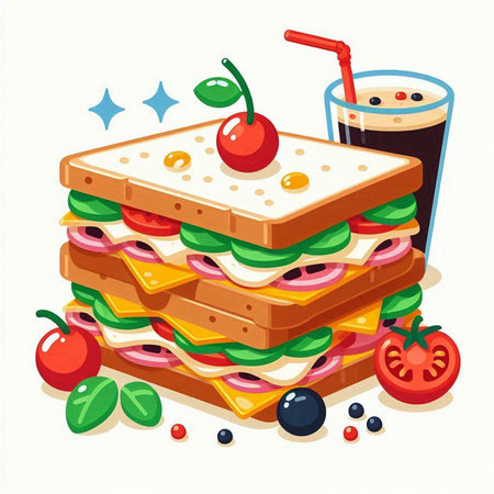 Sandwich with cheese, ham, tomato, cucumber, lettuce and cherry. Vector illustrationのイラスト素材