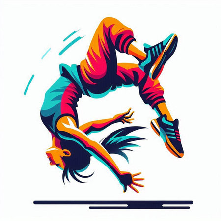 Vector illustration of a girl dancing breakdance on white background.のイラスト素材