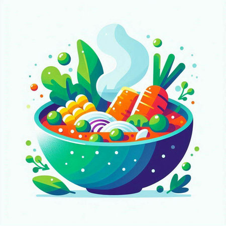 Vector illustration of a bowl of vegetable salad with carrot, onion, cucumber and lettuce.のイラスト素材