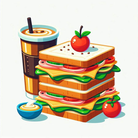 Sandwiches and cola in paper cups. Vector illustration.のイラスト素材