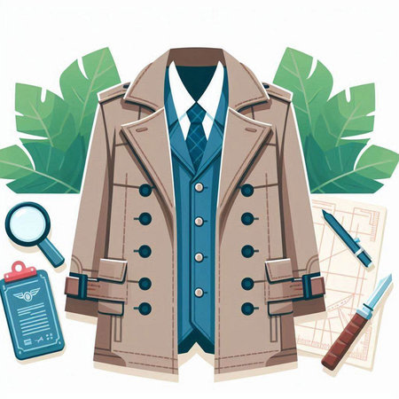 Vector illustration of a coat with a tie, a map and a magnifying glassのイラスト素材
