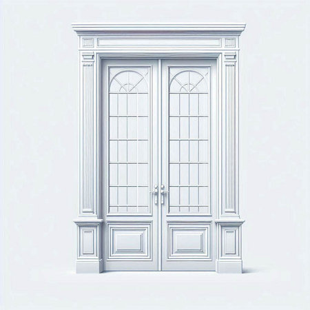 Illustration of a classic wooden door with a window on a white backgroundのイラスト素材