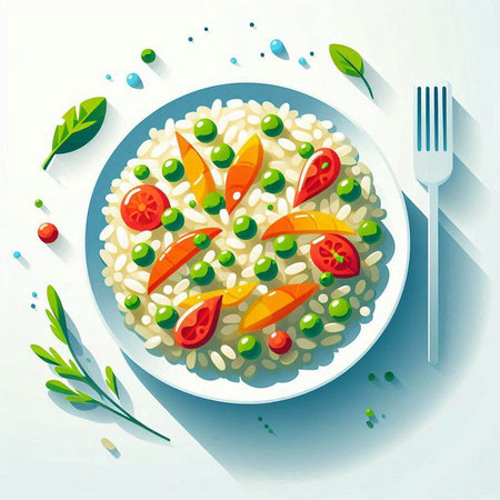Risotto with salmon and vegetables. Healthy food. Vector illustration.のイラスト素材