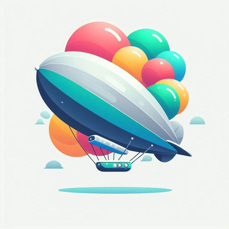 Airship with colorful balloons. Vector illustration in a flat style.のイラスト素材