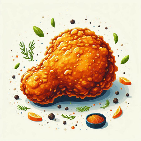 Illustration of fried chicken with spices and herbs on a white backgroundのイラスト素材