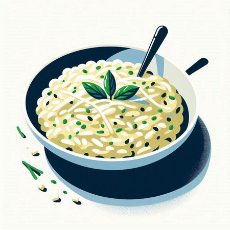 Illustration of a bowl of noodle soup with a spoon on a white backgroundのイラスト素材