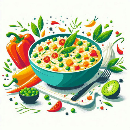 Vector illustration of a bowl of pasta with vegetables and olives.のイラスト素材