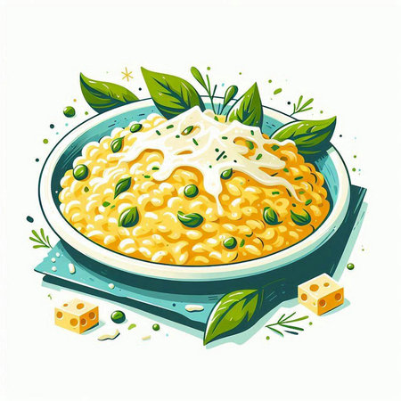 Illustration of a bowl of delicious risotto with green peas and cheeseのイラスト素材
