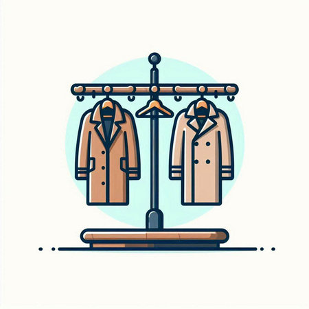 Clothing store vector illustration in flat line style. Coat, coat, coat rack.のイラスト素材