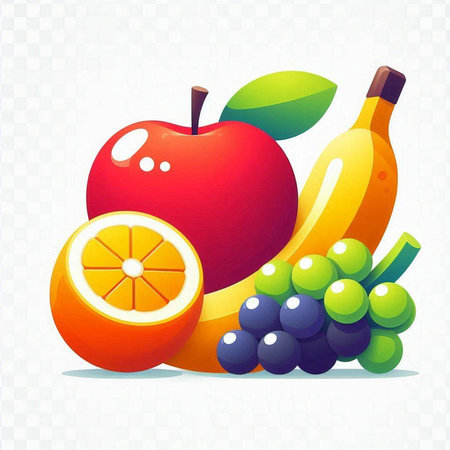Fruits and berries isolated on transparent background. Vector illustration in cartoon style.のイラスト素材