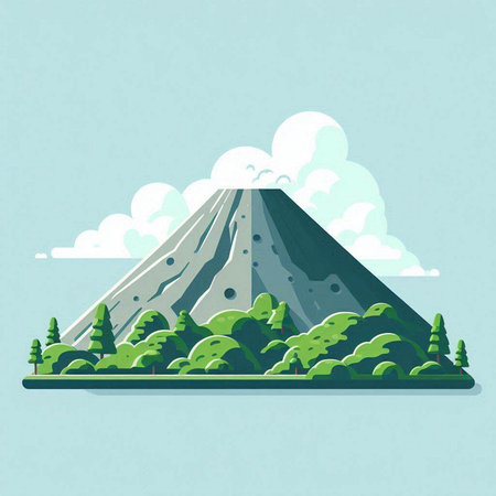 Volcano on the background of green forest and blue sky. Vector illustration.のイラスト素材