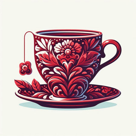 Cup of tea with floral ornament. Hand drawn vector illustration.のイラスト素材