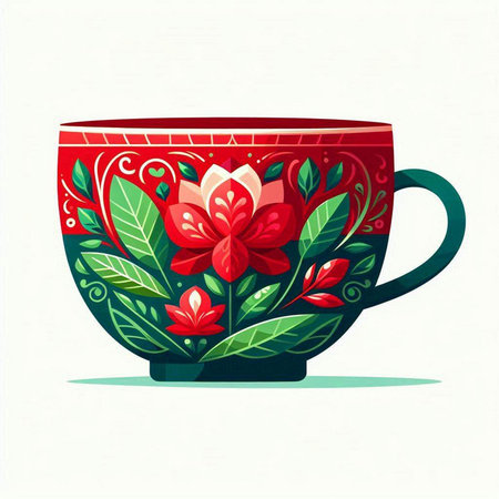 Cup of tea with floral ornament. Vector illustration in cartoon style.のイラスト素材