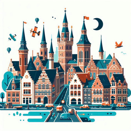 Cityscape of Amsterdam, Netherlands. Vector illustration in flat style.のイラスト素材