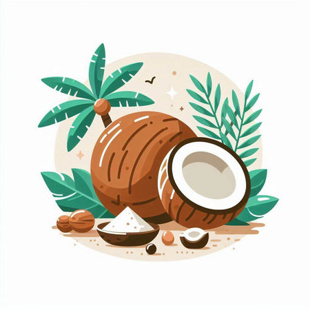 Coconut vector illustration. Exotic tropical fruit with leaves.のイラスト素材