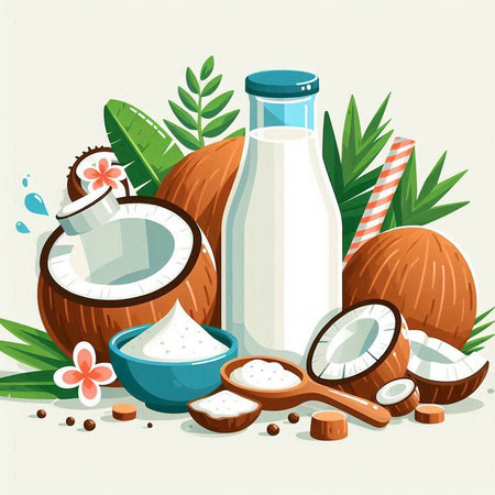 Coconut milk and ingredients for healthy drink. Vector illustration.のイラスト素材