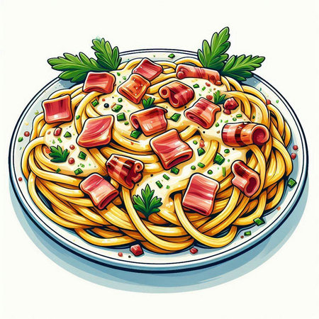 Spaghetti with bacon and parsley on a plate. Vector illustration.のイラスト素材