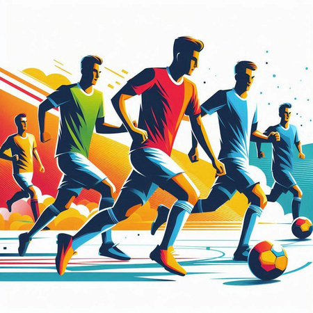 Soccer players in action, vector illustration. Group of football players.のイラスト素材