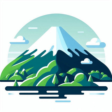 Mountain landscape with lake and forest. Vector illustration in flat styleのイラスト素材