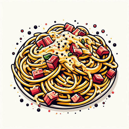 Spaghetti with tomato sauce and cheese. Hand drawn vector illustration.のイラスト素材