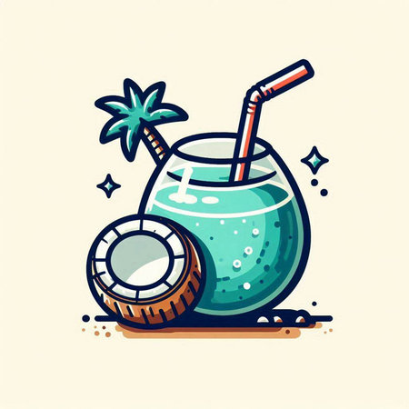 Cocktail with coconut and straw in flat style. Vector illustration.のイラスト素材
