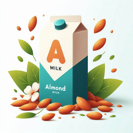 Almond milk with almonds and leaves on white background. Vector illustration.のイラスト素材