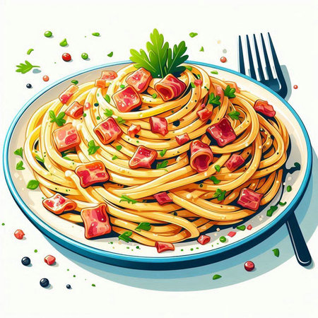 Spaghetti with bacon and parsley. Vector illustration of italian cuisine.のイラスト素材