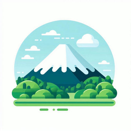 Mountain landscape with forest and trees. Vector illustration in flat styleのイラスト素材