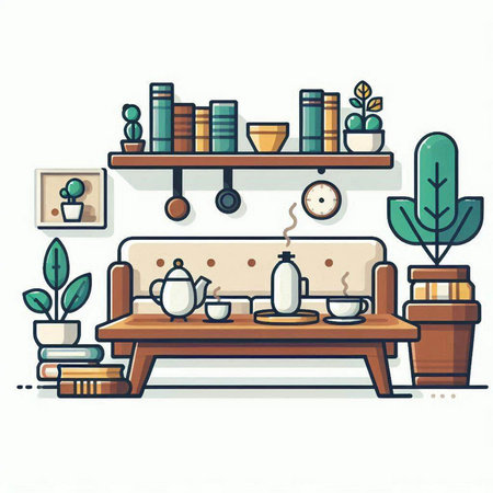 Interior of living room with furniture. Vector illustration in flat style.のイラスト素材