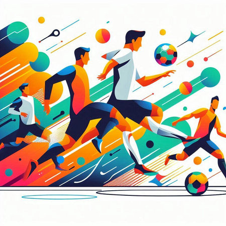 Soccer players running and kicking the ball. Sport background. Vector illustration.のイラスト素材