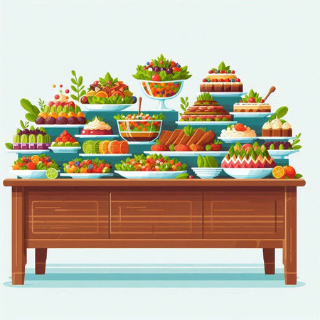 Fruit and berry salads on buffet table. Vector illustration.のイラスト素材