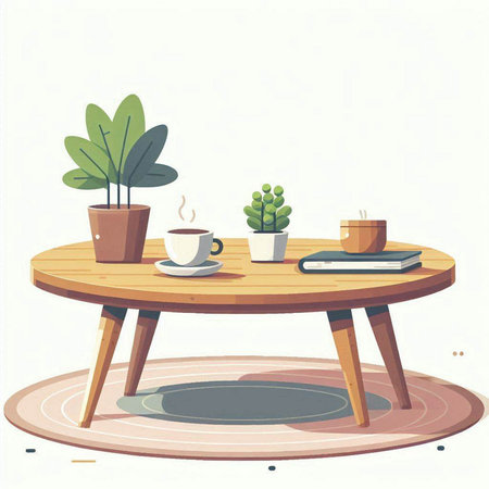 Coffee table with coffee cup and plant. Vector illustration.のイラスト素材
