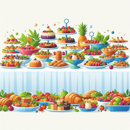 Vector illustration of a set of different fruit and berry desserts.のイラスト素材