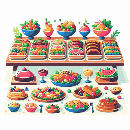 Desserts and confectionery on the table. Vector illustrationのイラスト素材