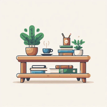 Illustration of a shelf with books, coffee cup and plants.のイラスト素材