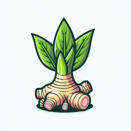 ginger root with green leaves isolated on white background. vector illustrationのイラスト素材