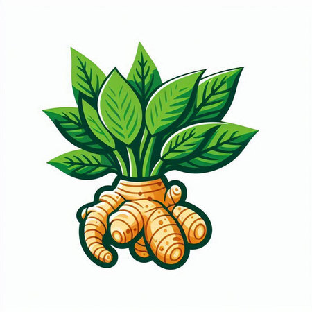 Ginger root with green leaves isolated on white background. Vector illustration.のイラスト素材