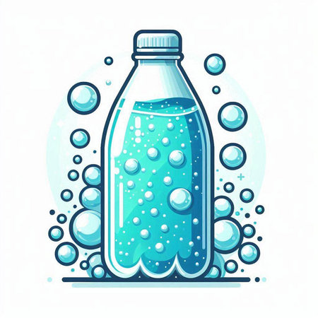 Bottle of water with bubbles on a white background. Vector illustration.のイラスト素材