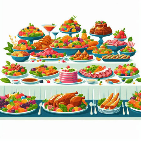 Fruit and berry buffet with fruits and vegetables vector illustration.のイラスト素材