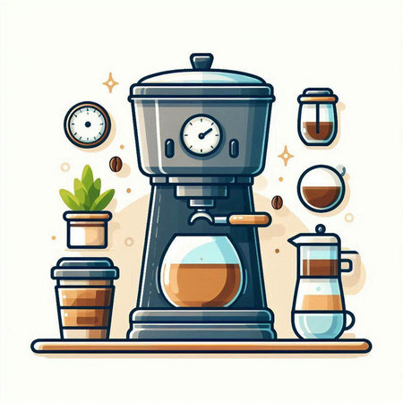 Coffee maker and coffee beans. Vector illustration in flat styleのイラスト素材