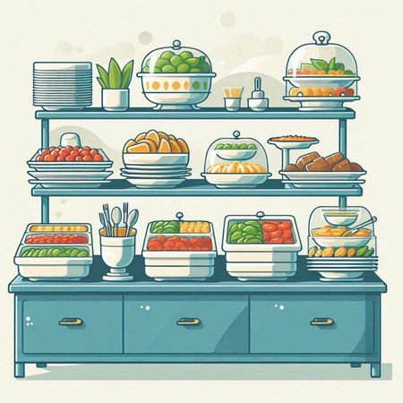 Catering buffet with fruits and vegetables. Vector illustration in retro style.のイラスト素材