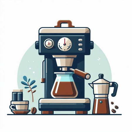 Coffee maker and coffee beans. Vector illustration in flat styleのイラスト素材