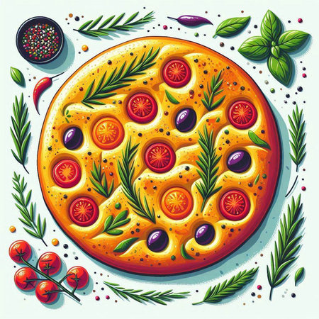 Pizza with tomatoes, olives and herbs. Vector illustration.のイラスト素材