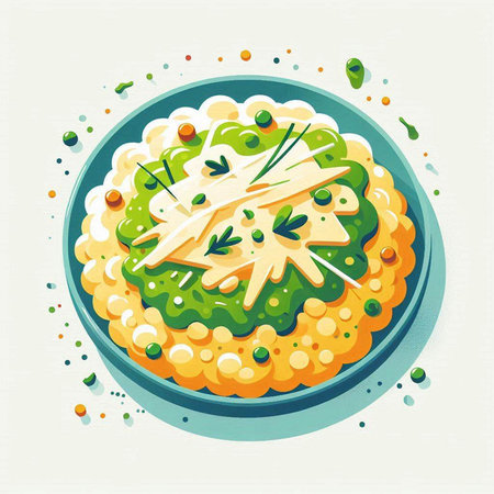 Illustration of a bowl of risotto with green peas and cheeseのイラスト素材
