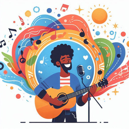 Young man playing guitar and singing into a microphone. Vector illustration.のイラスト素材